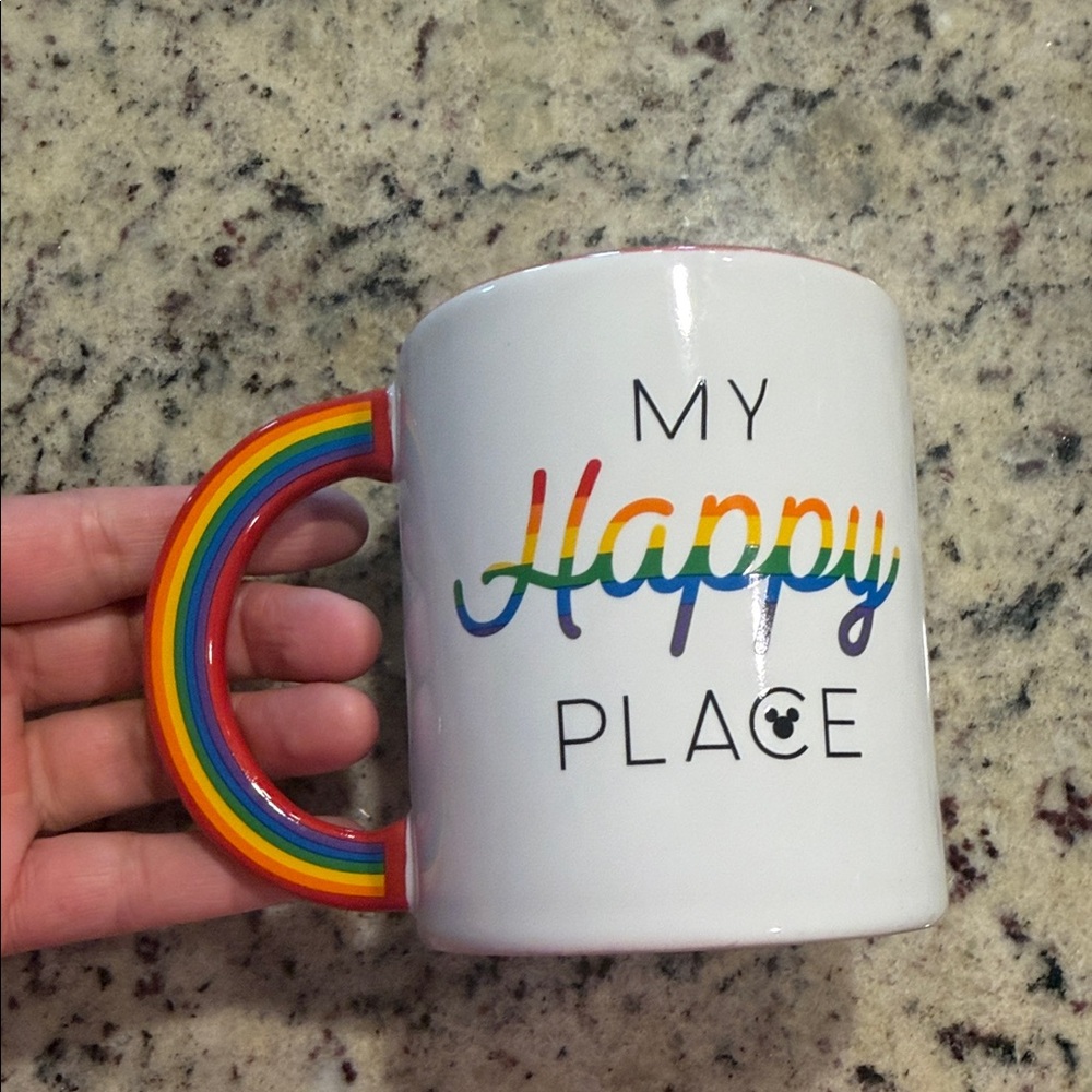Disney White Mug with Rainbow Handle and 'My Happy Place' Text